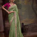 Green Embroidered Silk Saree with Sequin Border and Rani Pink Blouse - Mangaldeep NX