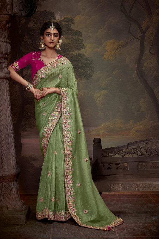 Green Embroidered Silk Saree with Sequin Border and Rani Pink Blouse - Mangaldeep NX