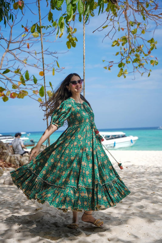 Green Ethnic Printed Cotton Anarkali Dress with Puff Sleeves and Tassel Tie - Up - Mangaldeep NX