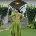 Green Flared Gota Embroidered Gown with Multicolor Mirror Yoke Design - Mangaldeep NX