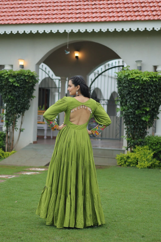 Green Flared Gota Embroidered Gown with Multicolor Mirror Yoke Design - Mangaldeep NX
