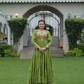 Green Flared Gota Embroidered Gown with Multicolor Mirror Yoke Design - Mangaldeep NX