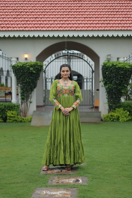 Green Flared Gota Embroidered Gown with Multicolor Mirror Yoke Design - Mangaldeep NX