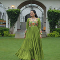 Green Flared Gota Embroidered Gown with Multicolor Mirror Yoke Design - Mangaldeep NX