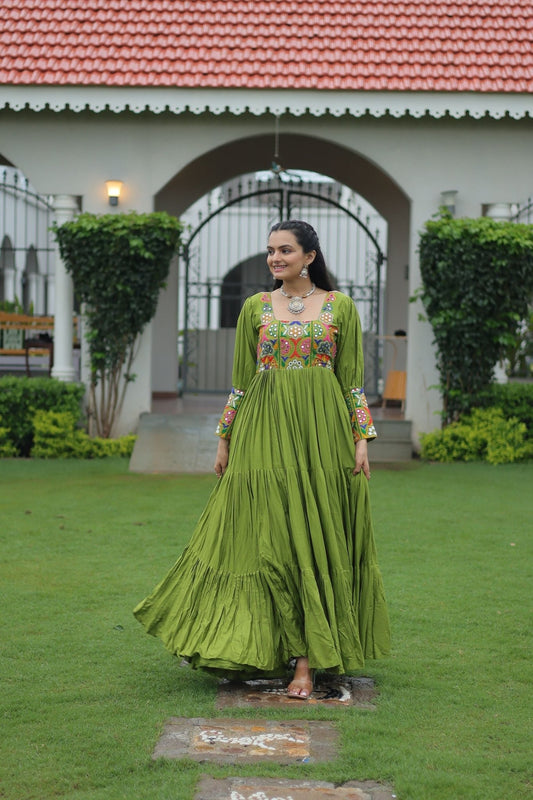 Green Flared Gota Embroidered Gown with Multicolor Mirror Yoke Design - Mangaldeep NX