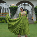 Green Flared Gota Embroidered Gown with Multicolor Mirror Yoke Design - Mangaldeep NX