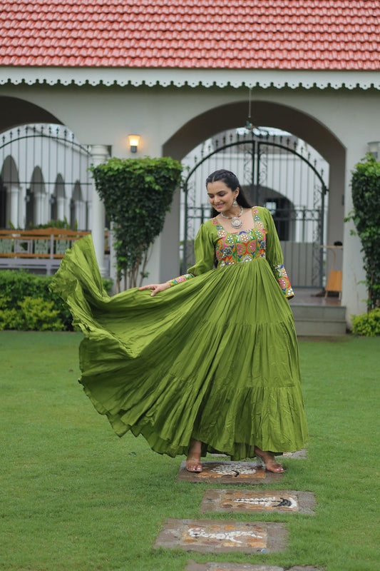 Green Flared Gota Embroidered Gown with Multicolor Mirror Yoke Design - Mangaldeep NX