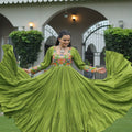 Green Flared Gota Embroidered Gown with Multicolor Mirror Yoke Design - Mangaldeep NX