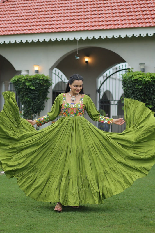 Green Flared Gota Embroidered Gown with Multicolor Mirror Yoke Design - Mangaldeep NX