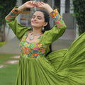 Green Flared Gota Embroidered Gown with Multicolor Mirror Yoke Design - Mangaldeep NX