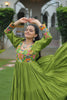 Green Flared Gota Embroidered Gown with Multicolor Mirror Yoke Design - Mangaldeep NX