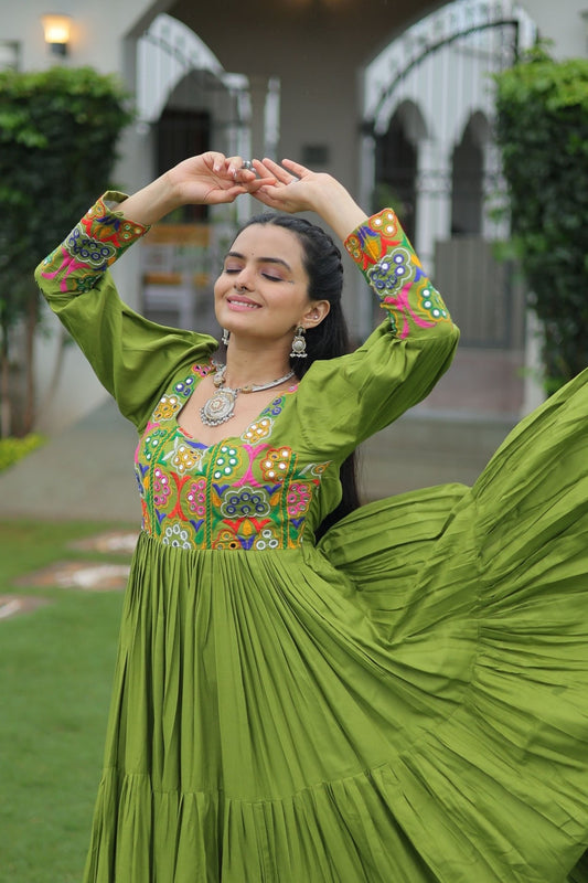Green Flared Gota Embroidered Gown with Multicolor Mirror Yoke Design - Mangaldeep NX