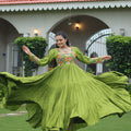 Green Flared Gota Embroidered Gown with Multicolor Mirror Yoke Design - Mangaldeep NX