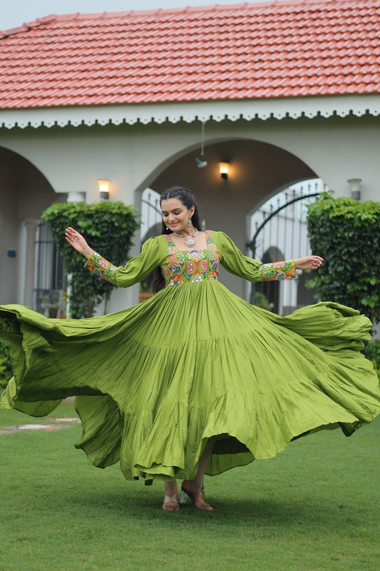 Green Flared Gota Embroidered Gown with Multicolor Mirror Yoke Design - Mangaldeep NX