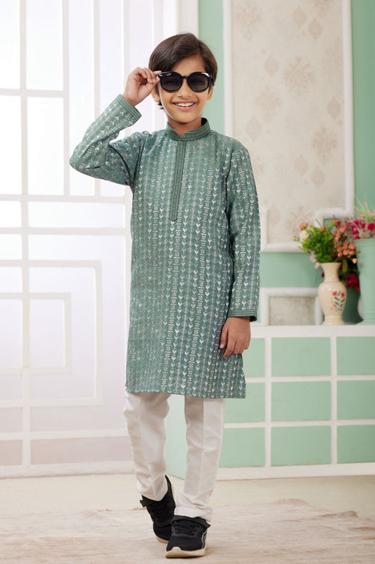 Green Foil Print Ethnic Wear Kurta for Boys - Mangaldeep NX