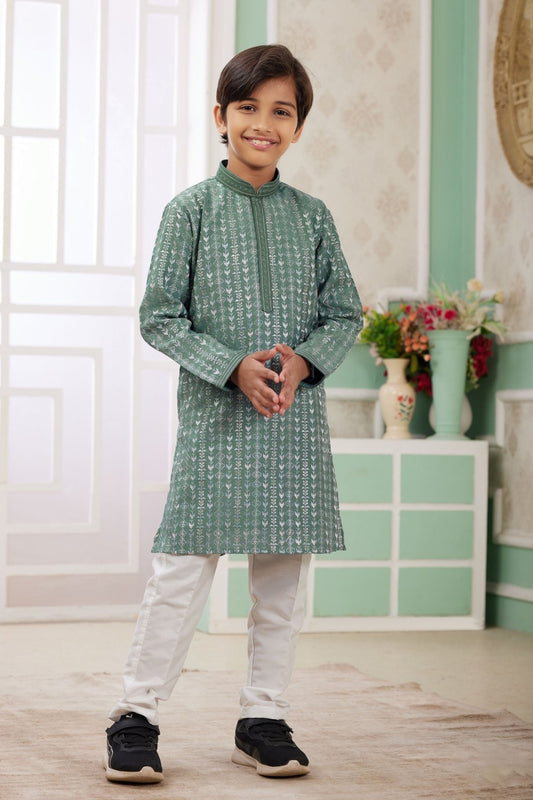 Green Foil Print Ethnic Wear Kurta for Boys - Mangaldeep NX