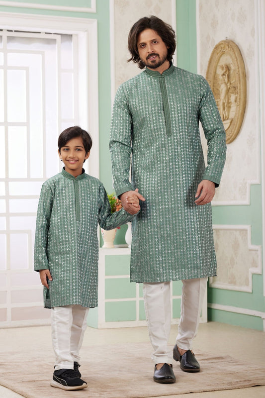 Green Foil Print Ethnic Wear Kurta Set for Father and Son - Mangaldeep NX
