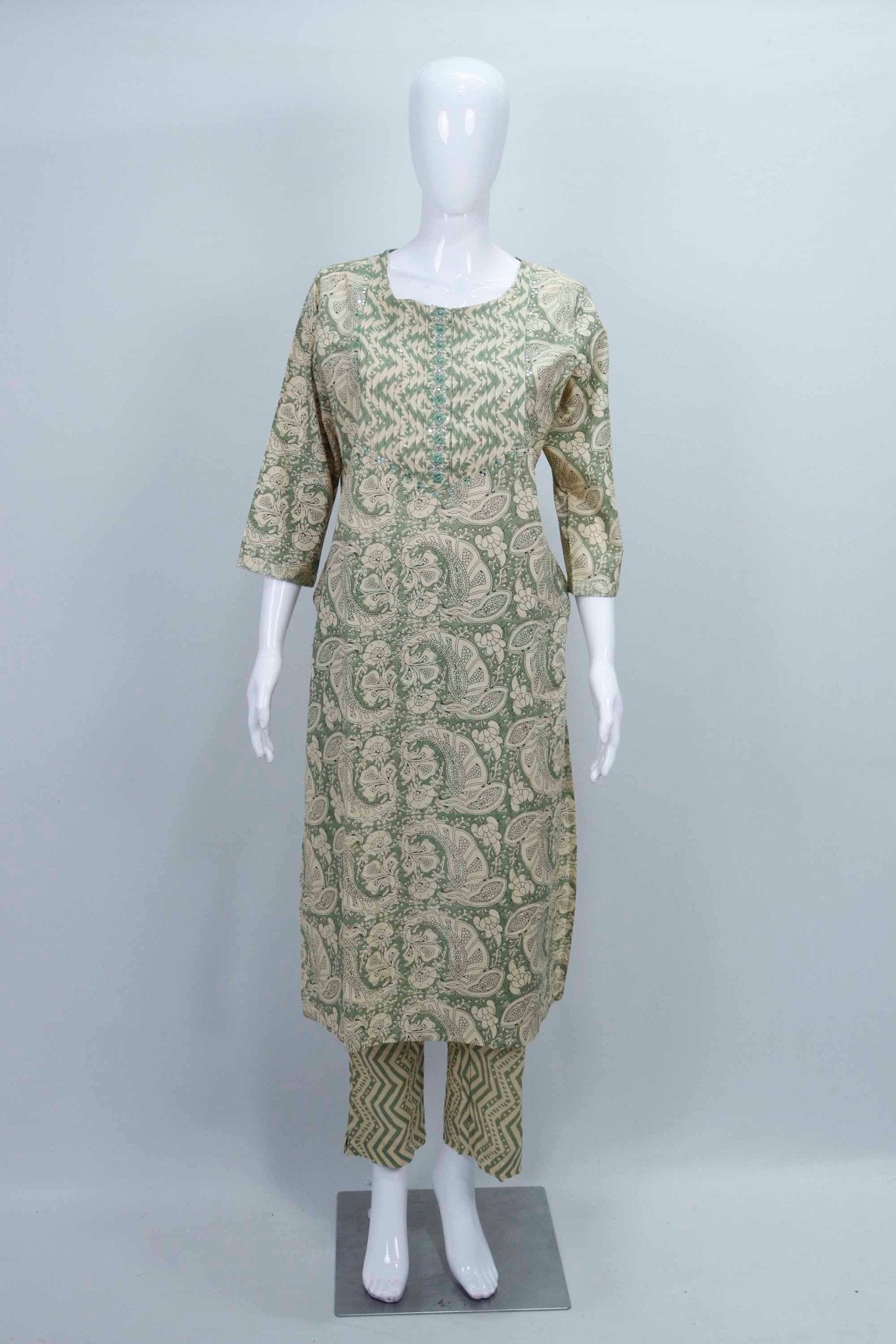 Green Printed Cotton Kurta Set with Chevron Pants and Dupatta for Women - Mangaldeep NX