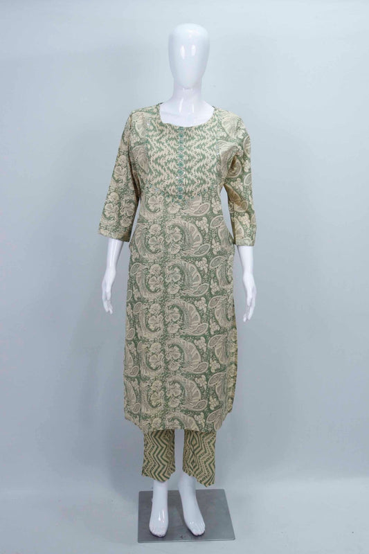 Green Printed Cotton Kurta Set with Chevron Pants and Dupatta for Women - Mangaldeep NX