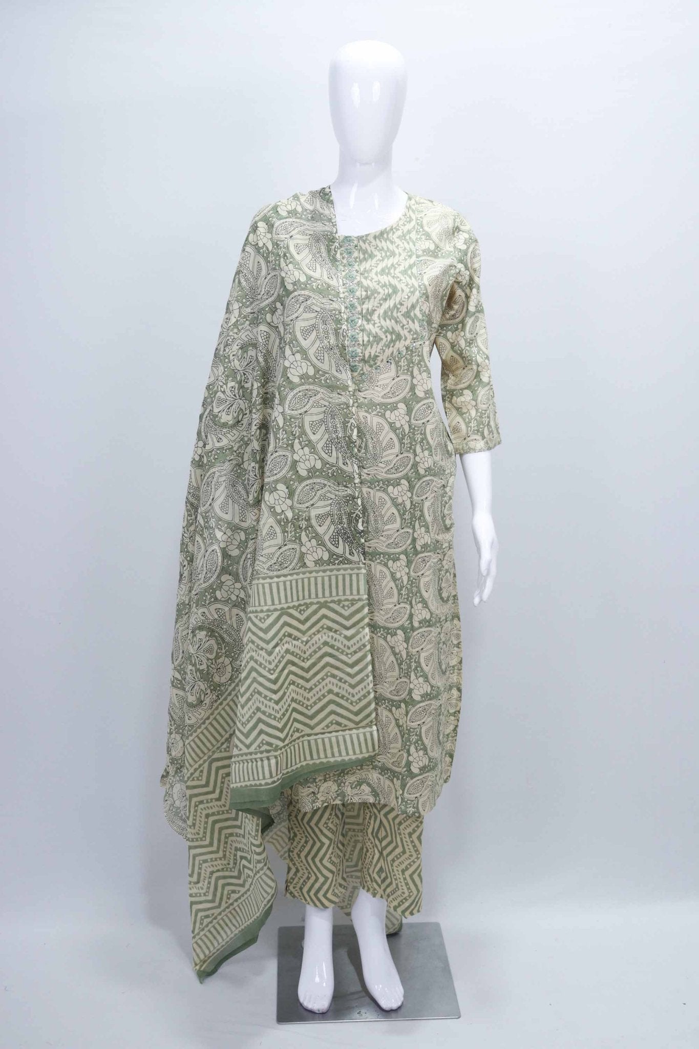 Green Printed Cotton Kurta Set with Chevron Pants and Dupatta for Women - Mangaldeep NX