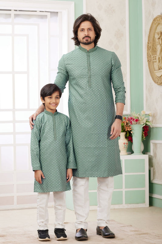 Green Printed Kurta Pajama Set for Father and Son - Mangaldeep NX