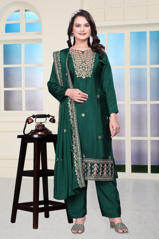 Green Sequins Embroidered Straight Cut Suit with Dupatta - Mangaldeep NX