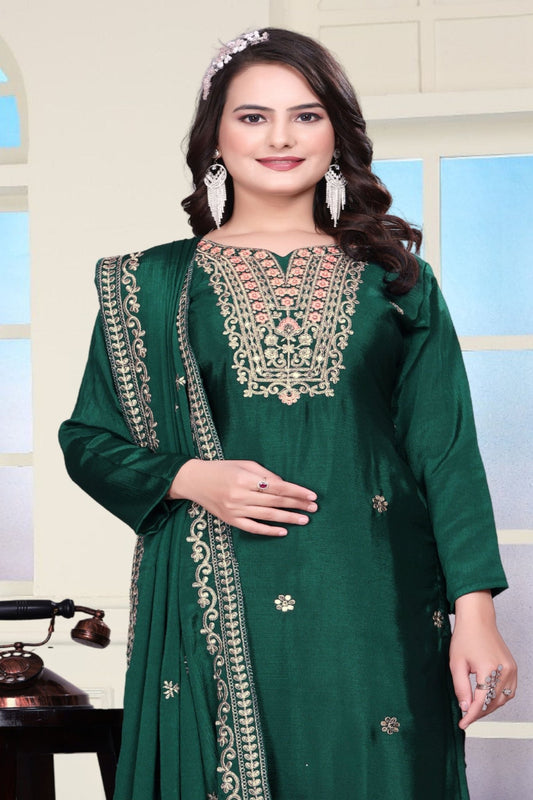 Green Sequins Embroidered Straight Cut Suit with Dupatta - Mangaldeep NX