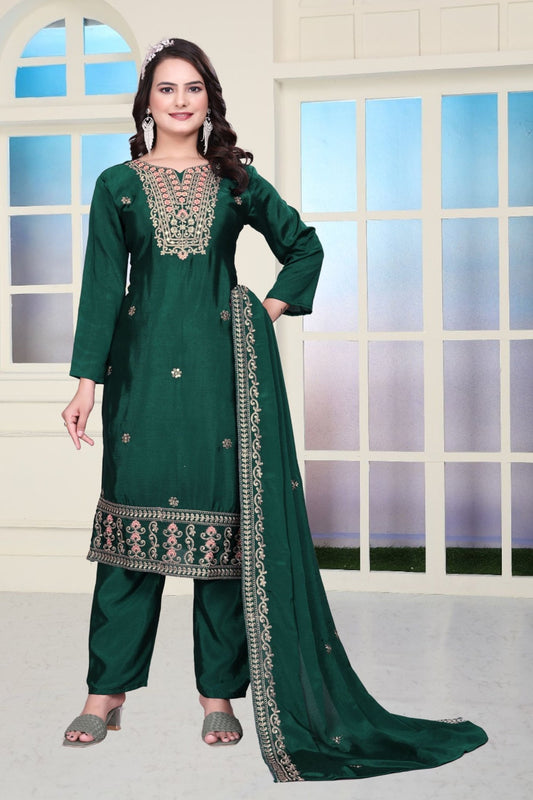 Green Sequins Embroidered Straight Cut Suit with Dupatta - Mangaldeep NX