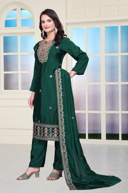 Green Sequins Embroidered Straight Cut Suit with Dupatta - Mangaldeep NX