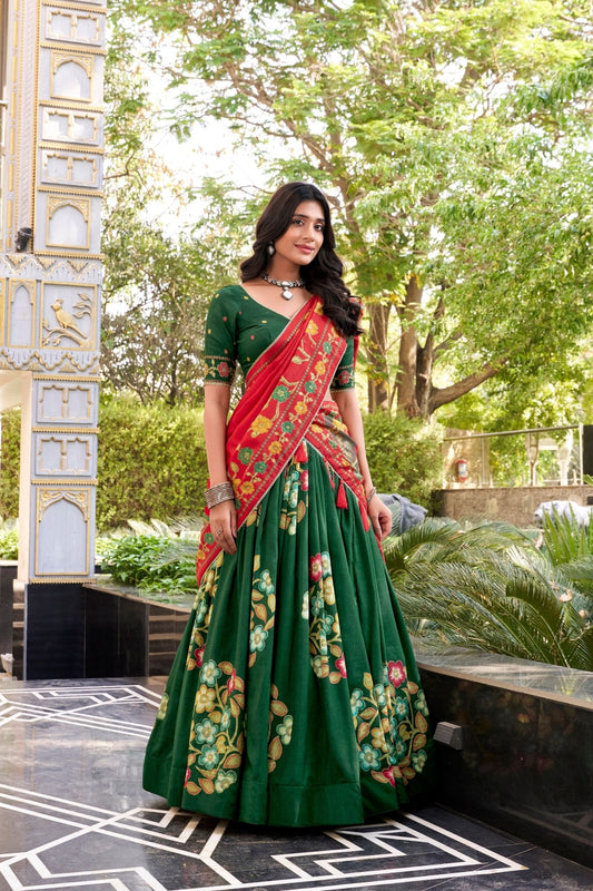 Green Tussar Silk Lehenga Choli with Digital Print and Embroidery for Ceremonies - Mangaldeep NX