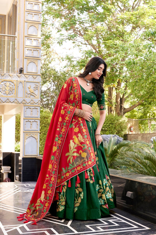 Green Tussar Silk Lehenga Choli with Digital Print and Embroidery for Ceremonies - Mangaldeep NX