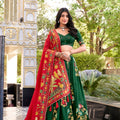 Green Tussar Silk Lehenga Choli with Digital Print and Embroidery for Ceremonies - Mangaldeep NX