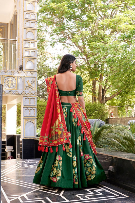 Green Tussar Silk Lehenga Choli with Digital Print and Embroidery for Ceremonies - Mangaldeep NX