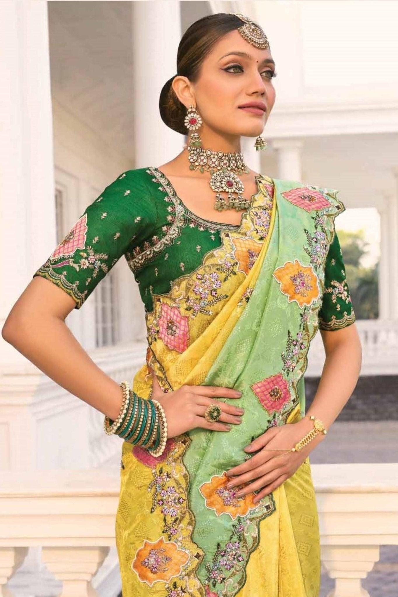 Green Yellow Silk Saree with Embroidered Border Work – Mangaldeep NX