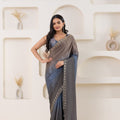 Grey and Blue Satin Silk Saree with Gold Woven Border and Designer Blouse - Mangaldeep NX