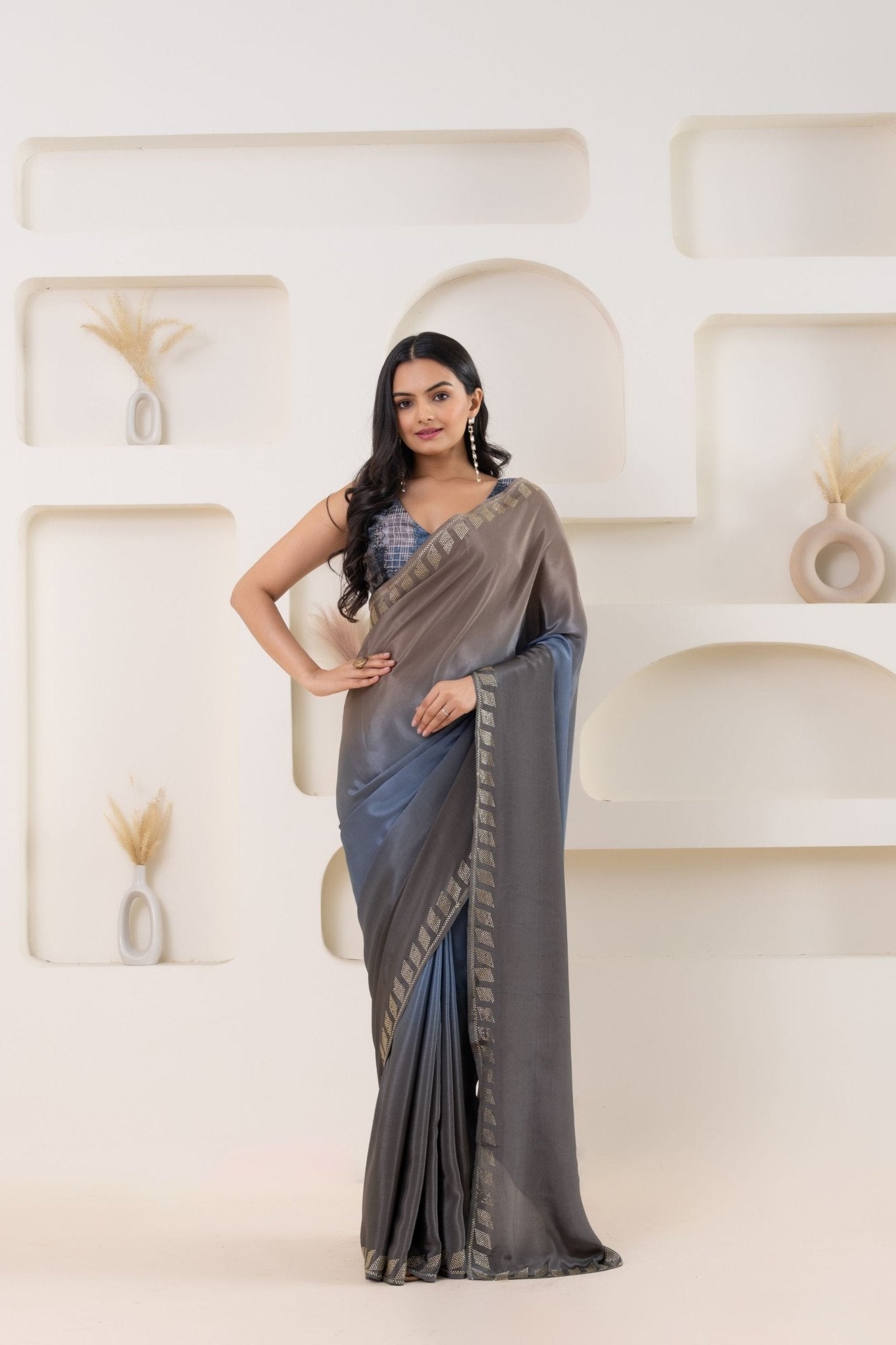 Grey and Blue Satin Silk Saree with Gold Woven Border and Designer Blouse - Mangaldeep NX