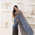 Grey and Blue Satin Silk Saree with Gold Woven Border and Designer Blouse - Mangaldeep NX