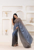 Grey and Blue Satin Silk Saree with Gold Woven Border and Designer Blouse - Mangaldeep NX
