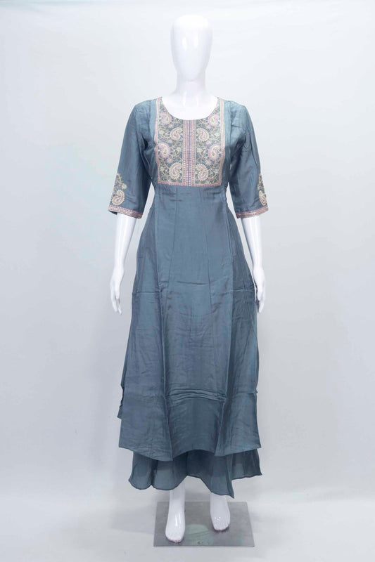 Grey Embroidered Cotton Straight Cut Suit with Matching Dupatta - Mangaldeep NX