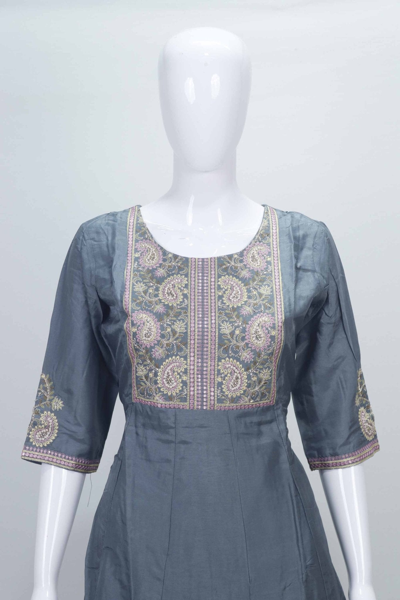Grey Embroidered Cotton Straight Cut Suit with Matching Dupatta - Mangaldeep NX