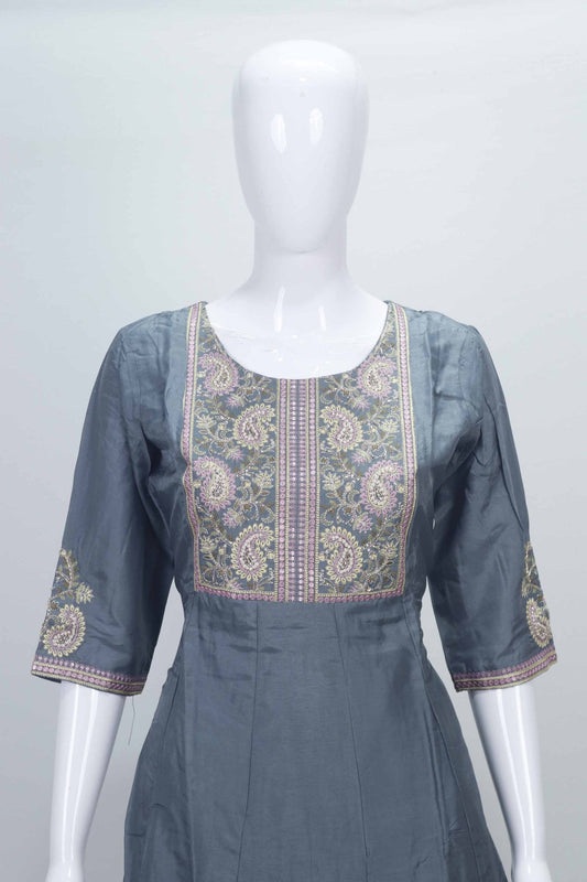 Grey Embroidered Cotton Straight Cut Suit with Matching Dupatta - Mangaldeep NX