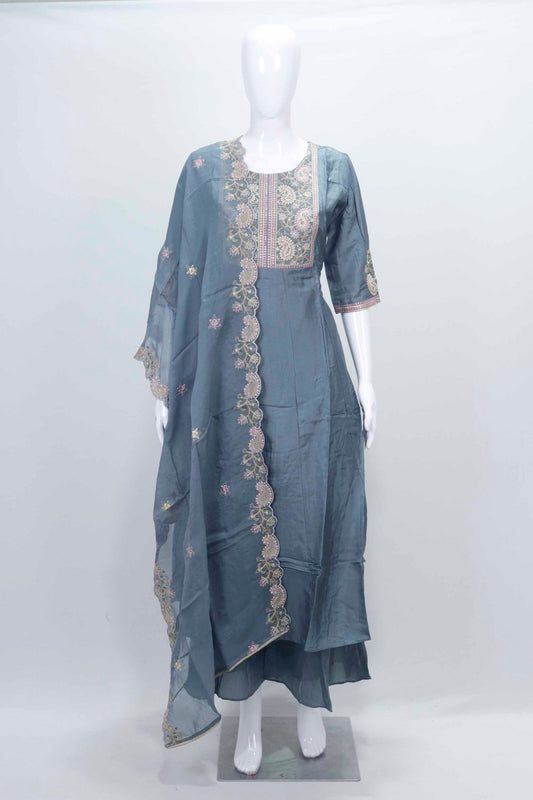 Grey Embroidered Cotton Straight Cut Suit with Matching Dupatta - Mangaldeep NX