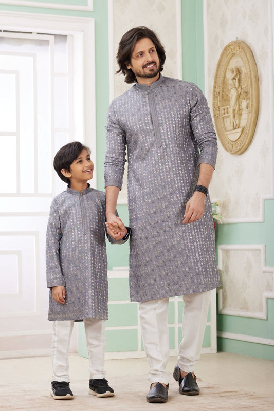Grey Embroidered Kurta Pajama Set for Father and Son - Mangaldeep NX