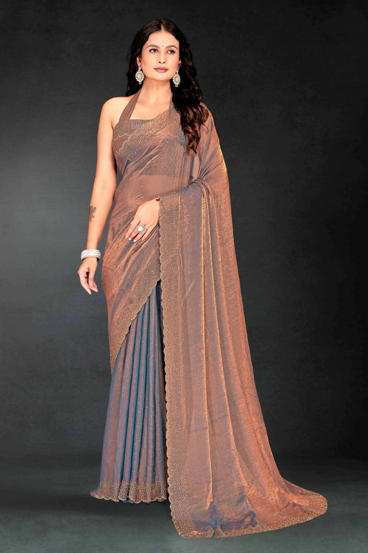 Grey Sequin Embellished Party Wear Fandy Silk Saree with Golden Scallop Border - Mangaldeep NX