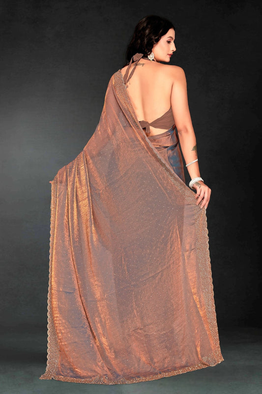 Grey Sequin Embellished Party Wear Fandy Silk Saree with Golden Scallop Border - Mangaldeep NX