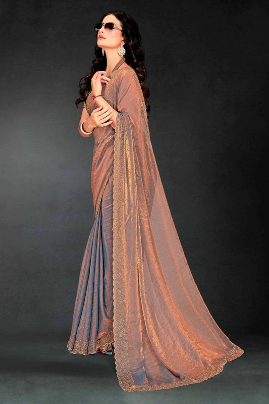Grey Sequin Embellished Party Wear Fandy Silk Saree with Golden Scallop Border - Mangaldeep NX