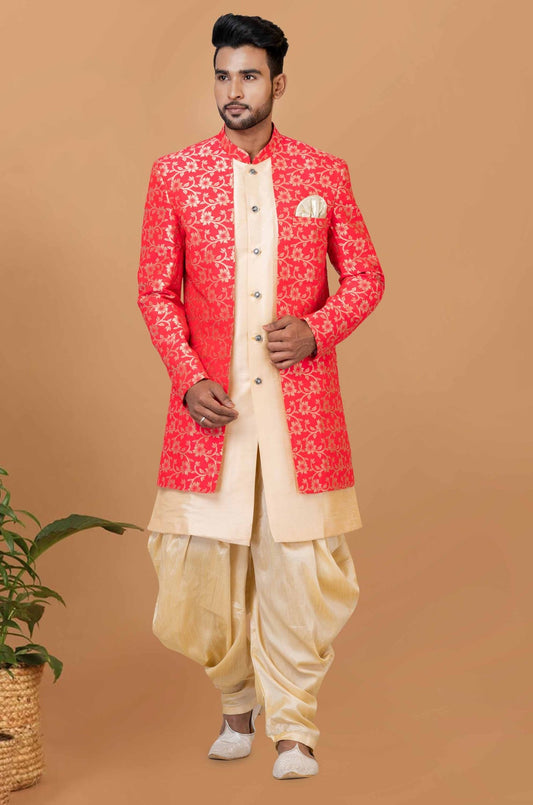Handsome Jacquard Silk Designer Indo Western Suit With Dhoti Style - Mangaldeep NX