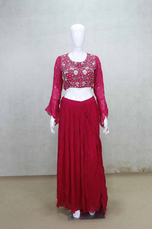 Hot Pink Embroidered Pre - Draped Saree with Flared Sleeves Blouse - Mangaldeep NX