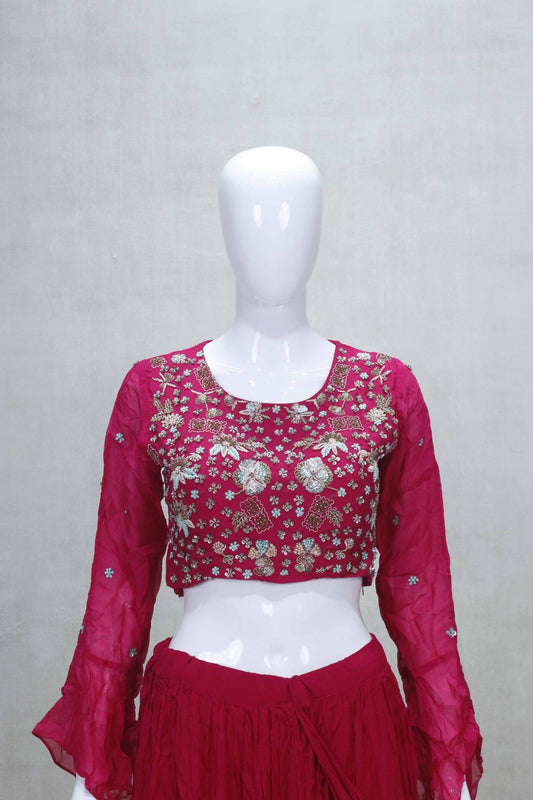 Hot Pink Embroidered Pre - Draped Saree with Flared Sleeves Blouse - Mangaldeep NX