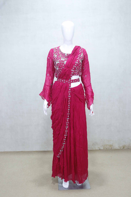 Hot Pink Embroidered Pre - Draped Saree with Flared Sleeves Blouse - Mangaldeep NX